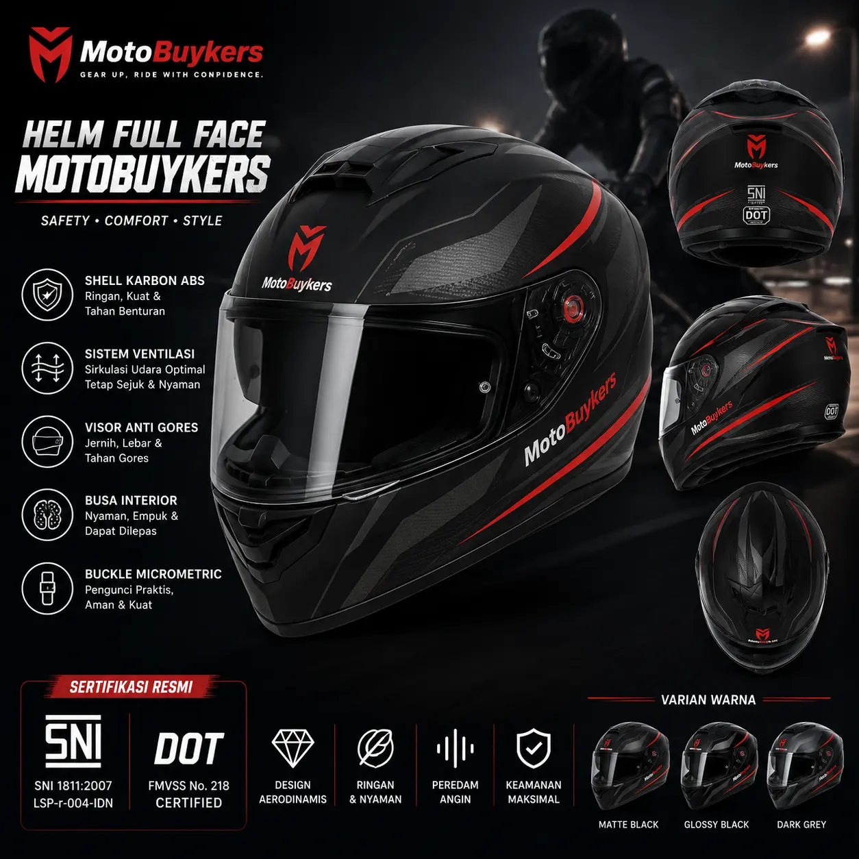 Helm Full Face MotoBuykers - Sertifikasi SNI & DOT