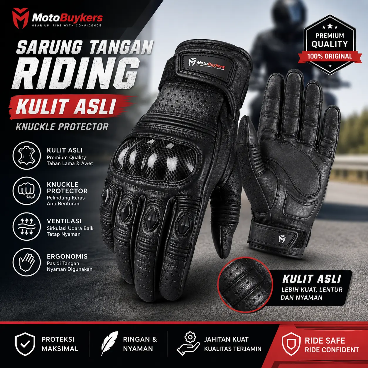 Sarung Tangan Riding MotoBuykers - Kulit Asli dengan Knuckle Protector